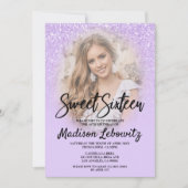 Lila Glitter Glam Sweet 16 Fotouitnodiging Kaart (Voorkant)