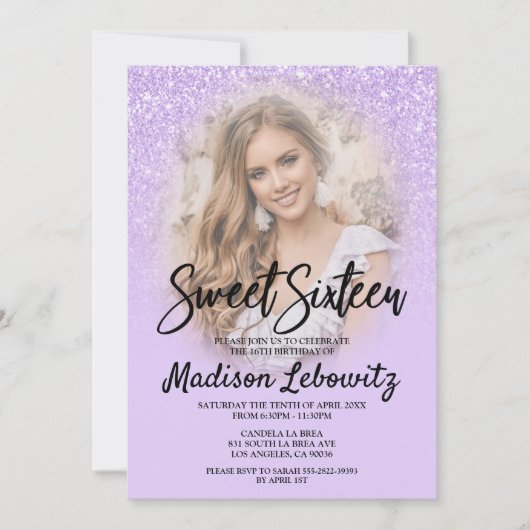 Lila Glitter Glam Sweet 16 Fotouitnodiging Kaart (Voorkant)