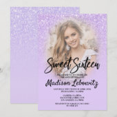 Lila Glitter Glam Sweet 16 Fotouitnodiging Kaart (Voorkant / Achterkant)