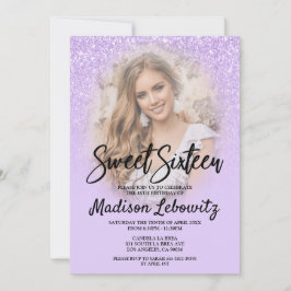 Lila Glitter Glam Sweet 16 Fotouitnodiging Kaart