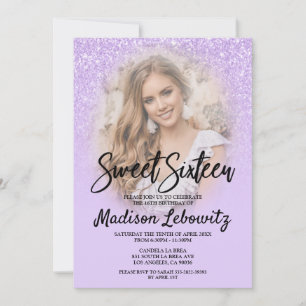 Lila Glitter Glam Sweet 16 Fotouitnodiging Kaart