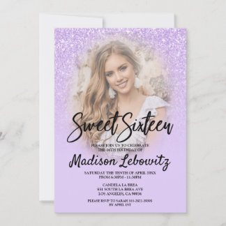 Lila Glitter Glam Sweet 16 Fotouitnodiging Kaart