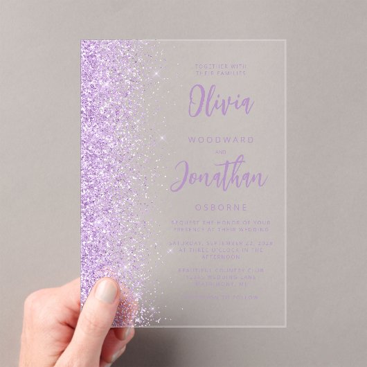 Lila Glitter Modern Script Wedding Acryl Uitnodigingen (Insitu (Draagbaar))