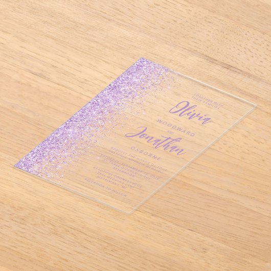 Lila Glitter Modern Script Wedding Acryl Uitnodigingen (Laagn)