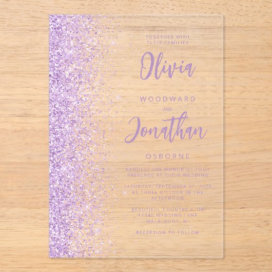 Lila Glitter Modern Script Wedding Acryl Uitnodigingen (Voorkant)