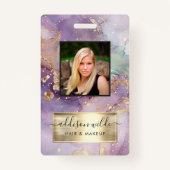 Lila Glitter Waterverf Faux Gold Foil Salon ID Badge (Voorkant)