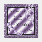 Lila Glittery Stiletto & Streamers 40e Verjaardag Magneet (Voorkant)