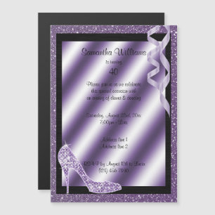 Lila Glittery Stiletto & Streamers 40e Verjaardag Magnetische Uitnodiging
