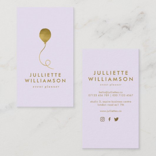 Lila & Gold Balloon Event Planner Social Media Visitekaartje (Voorkant / Achterkant)