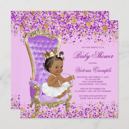 Lila Gold Princess Baby shower Kaart (Voorkant / Achterkant)