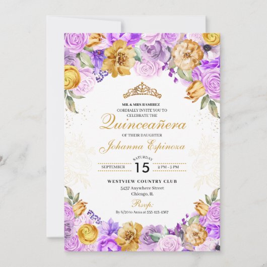 Lila & Goud Bloemen Glitter Tiara Quinceanera Kaart (Voorkant)