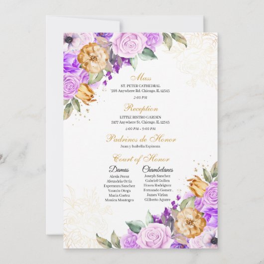 Lila & Goud Bloemen Glitter Tiara Quinceanera Kaart (Achterkant)