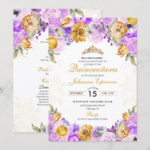 Lila & Goud Bloemen Glitter Tiara Quinceanera Kaart