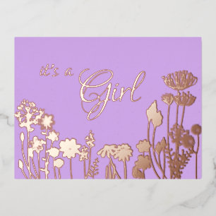 Lila Goud Floral het is een 'Girl Birth'-aankond Folie Uitnodiging Briefkaart
