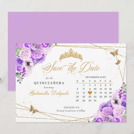 Lila & Goud Quinceañera Save The Date Kaart (Voorkant / Achterkant)