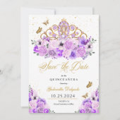 Lila & Goud Tiara Bewaar de datum Quinceañera Kaart (Voorkant)