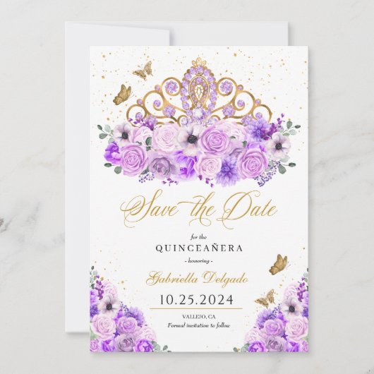 Lila & Goud Tiara Bewaar de datum Quinceañera Kaart (Voorkant)