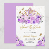 Lila & Goud Tiara Bewaar de datum Quinceañera Kaart (Voorkant / Achterkant)