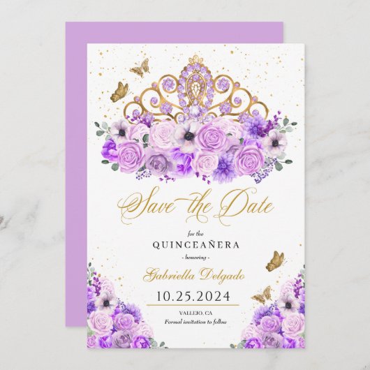 Lila & Goud Tiara Bewaar de datum Quinceañera Kaart (Voorkant / Achterkant)