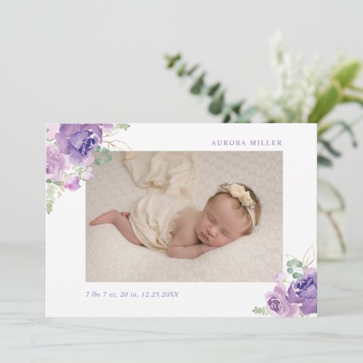 Lila gouden bloemige geboortekaartje aankondiging (Staand voorkant)