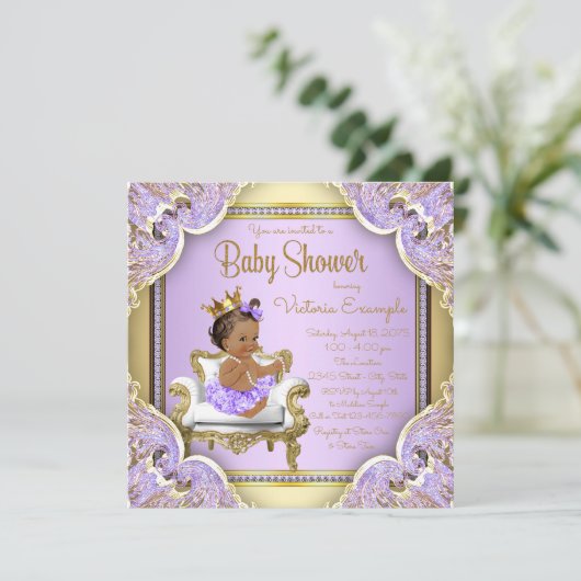 Lila gouden etnische prinses babyshower uitnodigin kaart (Staand voorkant)