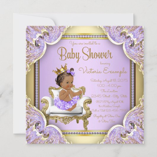 Lila gouden etnische prinses babyshower uitnodigin kaart (Voorkant)