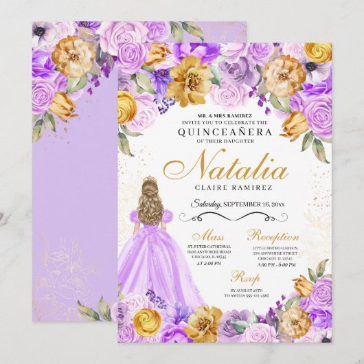Lila Gouden Prinses Glitter Tiara Quinceanera Kaart (Voorkant / Achterkant)
