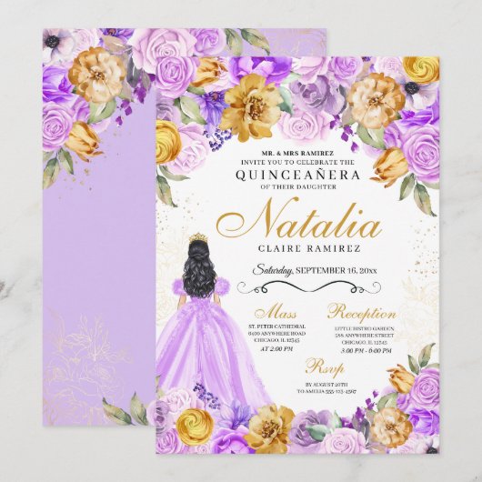 Lila Gouden Prinses Glitter Tiara Quinceanera Kaart (Voorkant / Achterkant)