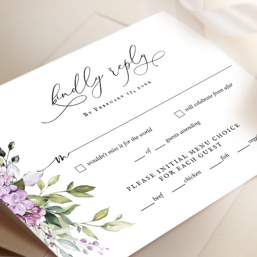 Lila Greenery Script Wedding RSVP Reply Kaart