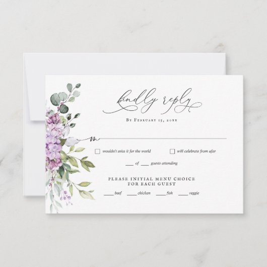 Lila Greenery Script Wedding RSVP Reply Kaart (Voorkant)