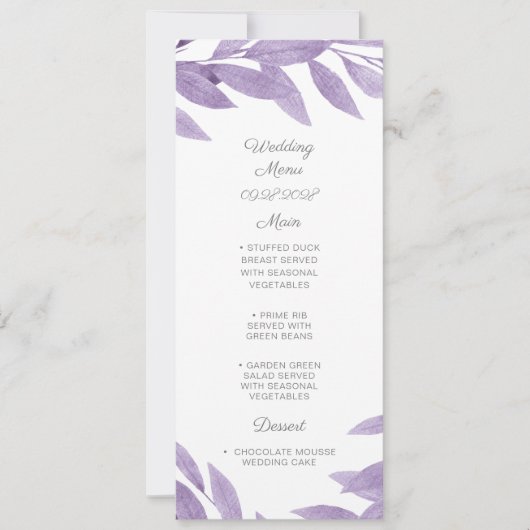 Lila Grieks waterverf Wedding Menu (Voorkant)