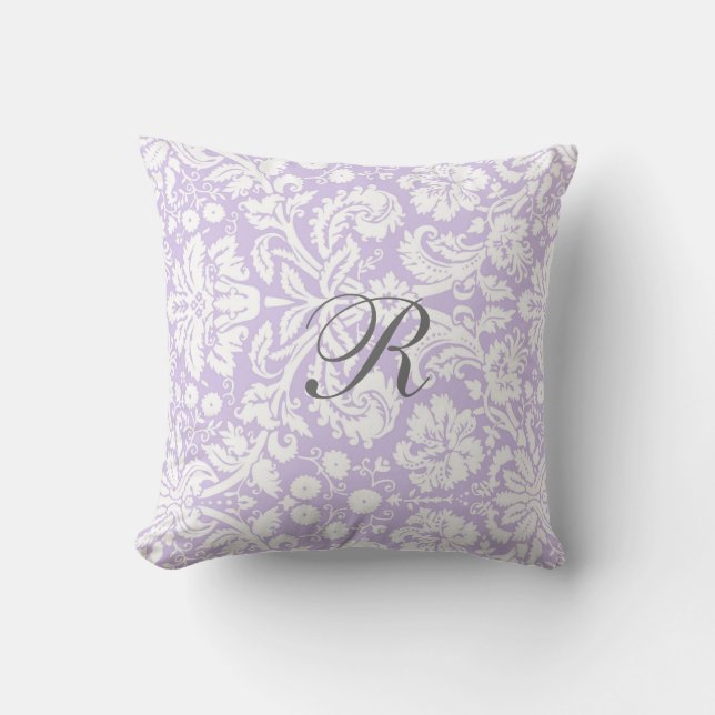 Lila grijs Damask Pattern Monogram Pillow Kussen (Voorkant)
