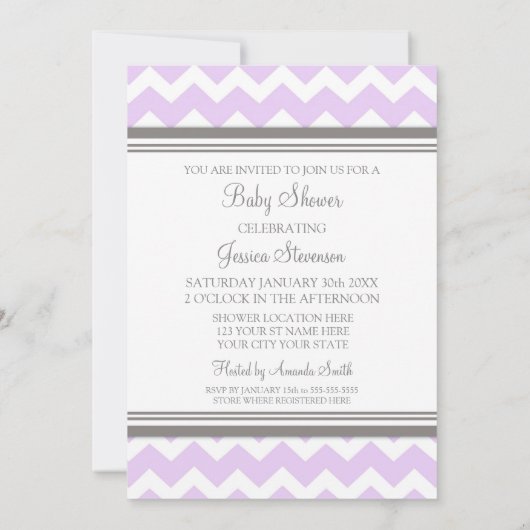 Lila grijze Chevron Custom Baby Shower Invitaties Kaart (Achterkant)