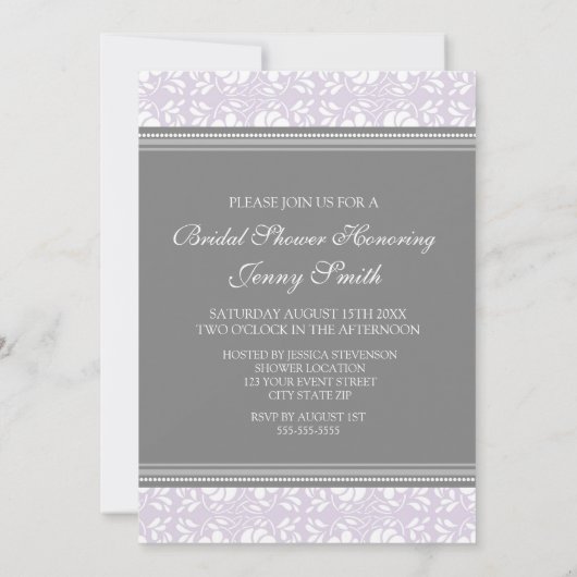 Lila grijze Damask Bridal Shower Invitation Cards Kaart (Achterkant)