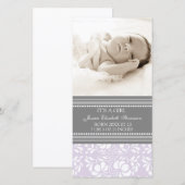 Lila Grijze Sjabloon Nieuwe Baby Geboorteaankondig (Voorkant / Achterkant)