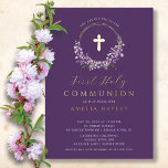 Lila grillen Eerste uitnodiging tot Folie van de g<br><div class="desc">Mooie Gold Foil Eerste communiqués met een lavender lila kreet en gouden folie op een diep paarse achtergrond. Draai onze uitnodiging om het uitzicht een coördinerende achterzijde te geven voor een extra speciale aanraking.</div>