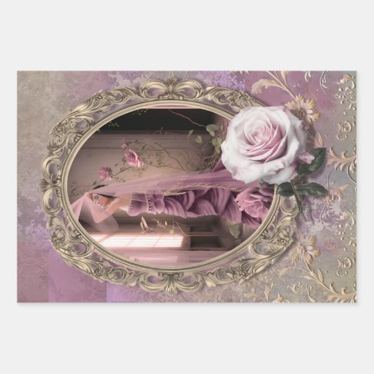 Lila & Groen Portret, Bloemen, In reliëf gemaakte Inpakpapier Vel (Voorkant)