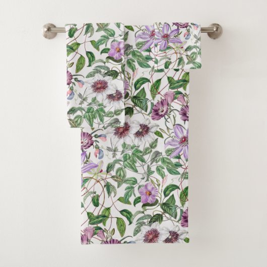 Lila Groen Wit  Botanische Bloemen Bad Handdoek (Insitu)