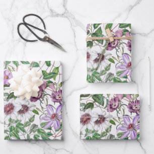 Lila Groen Wit  Botanische Bloemen Inpakpapier Vel