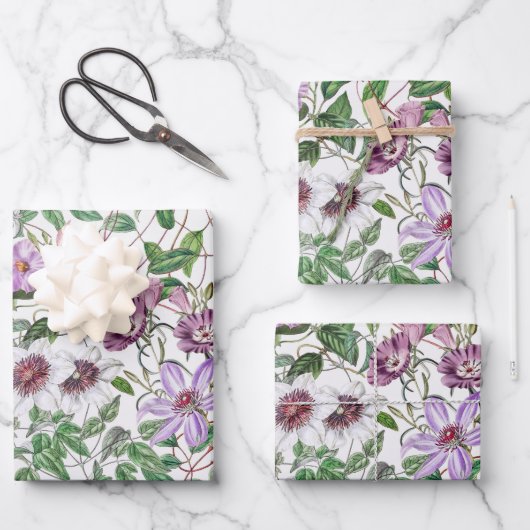Lila Groen Wit  Botanische Bloemen Inpakpapier Vel (Voorkant)