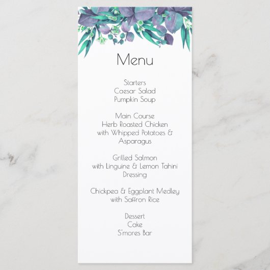 Lila & Heldergroene Botanische Bruiloft Menu (Voorkant)