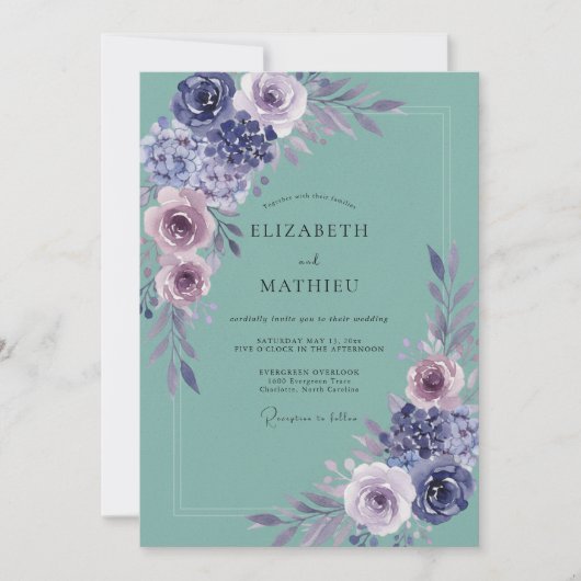 Lila Hydrangea Seafoam Eucalyptus Bruiloft Kaart (Voorkant)