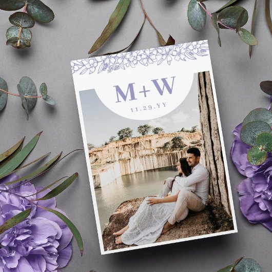 Lila Initialen & bloemen Moderne Foto dubbelzijdig Save The Date