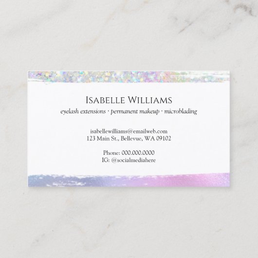 Lila iriserende parelachtige glitter wenkbrauwen visitekaartje (Achterkant)