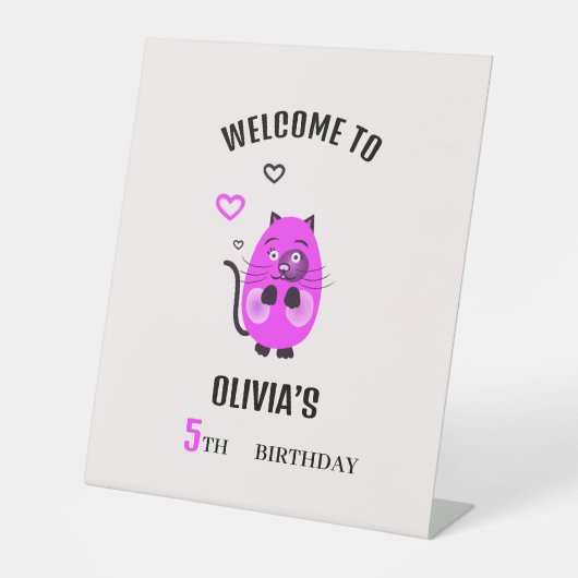 Lila kat reclamebord met voetstuk (Voorkant)