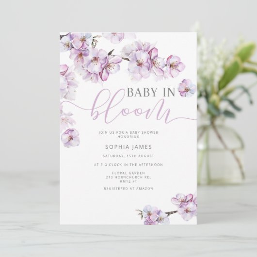 Lila kersenbloesem - baby in bloom - uitnodiging (Staand voorkant)