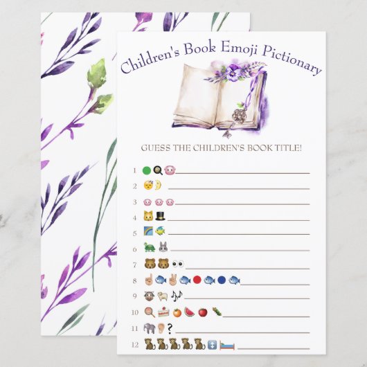 Lila kinderboek Emoji Baby shower Game (Voorkant / Achterkant)