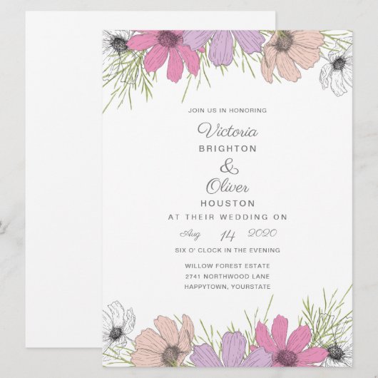 Lila Kosmos Bloemen Huwelijksuitnodigingen Kaart (Voorkant / Achterkant)