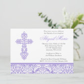 Lila  Kruis Damast Meisje Doop Doop Kaart (Staand voorkant)