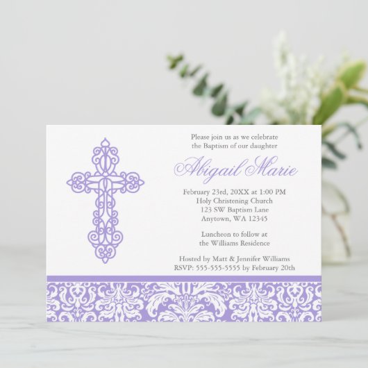 Lila  Kruis Damast Meisje Doop Doop Kaart (Staand voorkant)